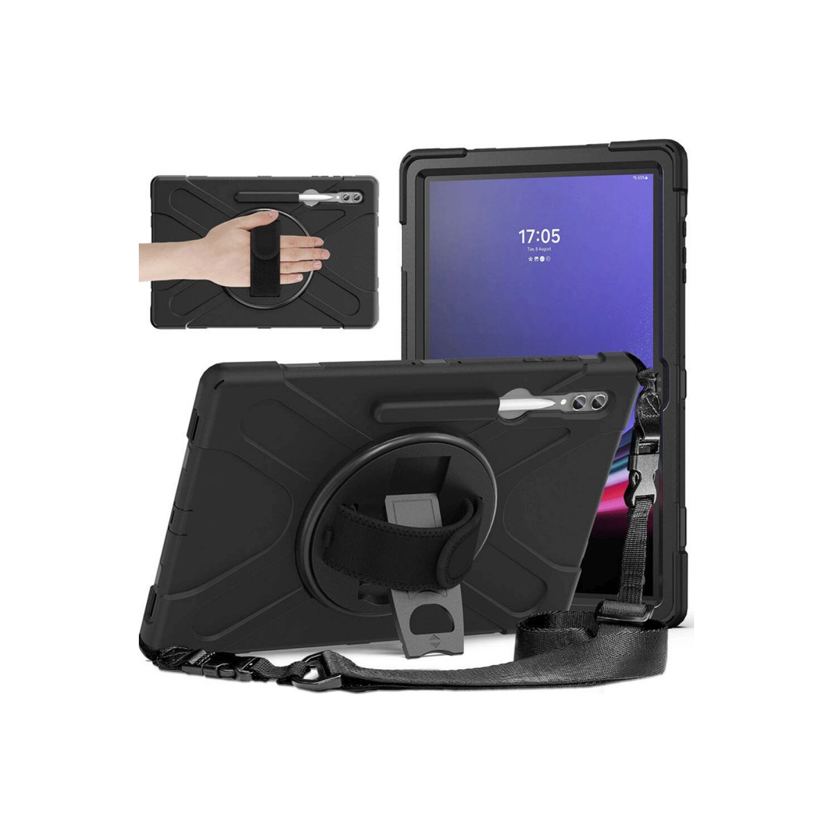 Siyah tablet kılıfı, elde tutma kayışı ve boyun askısı, ön ve arka görünüm.