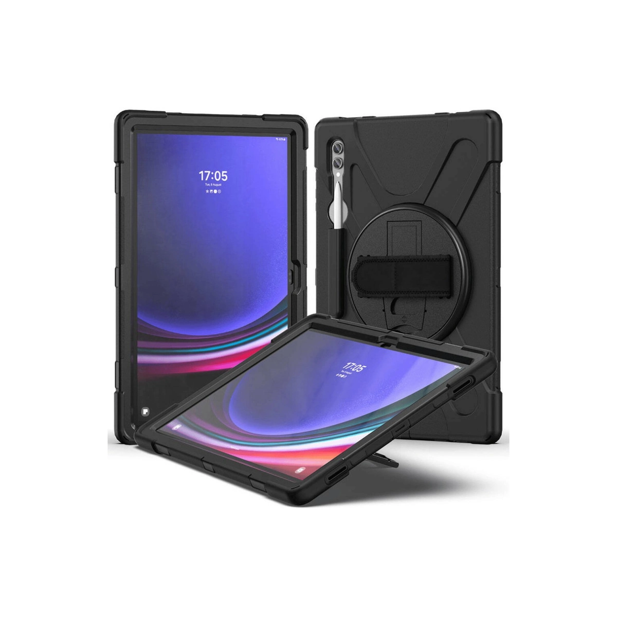 Standlı ve kalem tutuculu siyah tablet kılıfı, 3 görünüm.