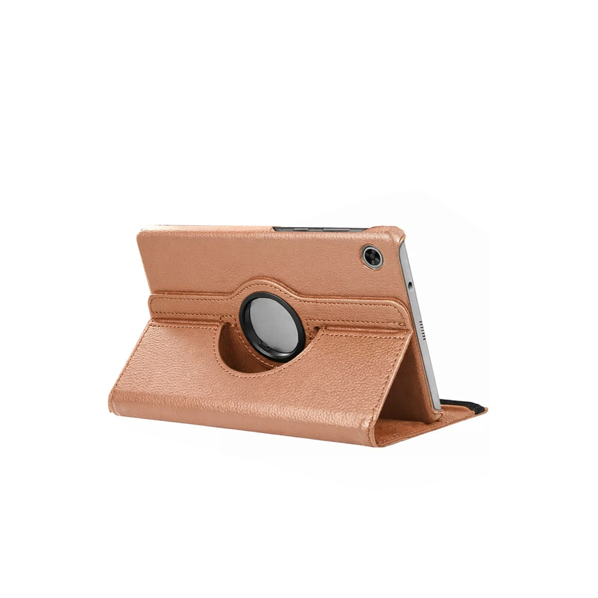 Dikey duran, koruyucu kılıflı, rose gold tablet.