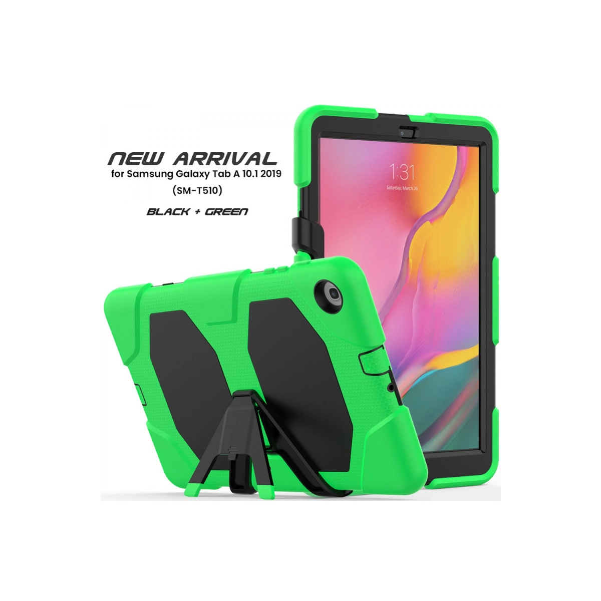 Samsung Galaxy Tab A 10.1 için stantlı yeşil ve siyah tablet kılıfı