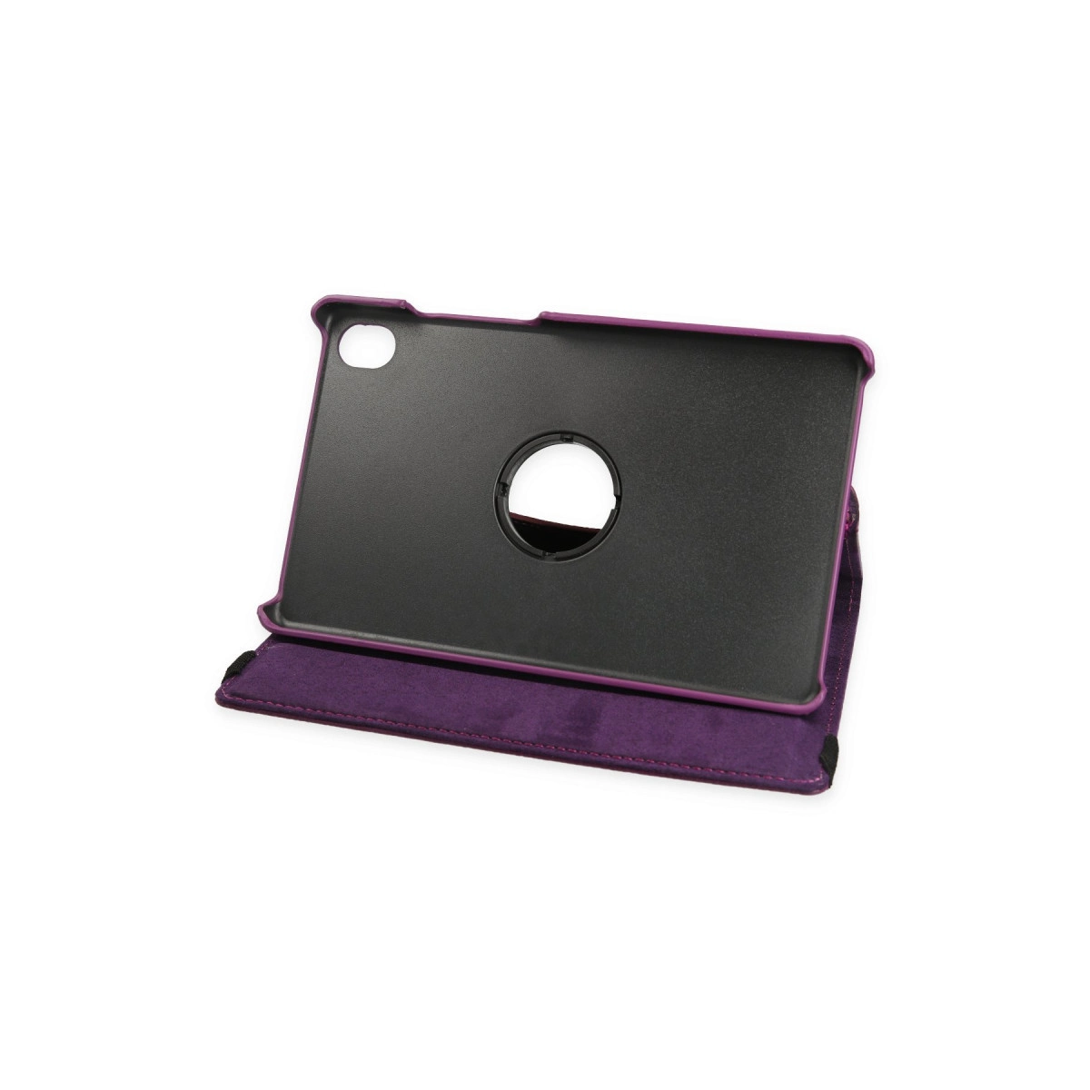 Dönme özellikli mor tablet kılıfı, arka tarafı ve açık standı.
