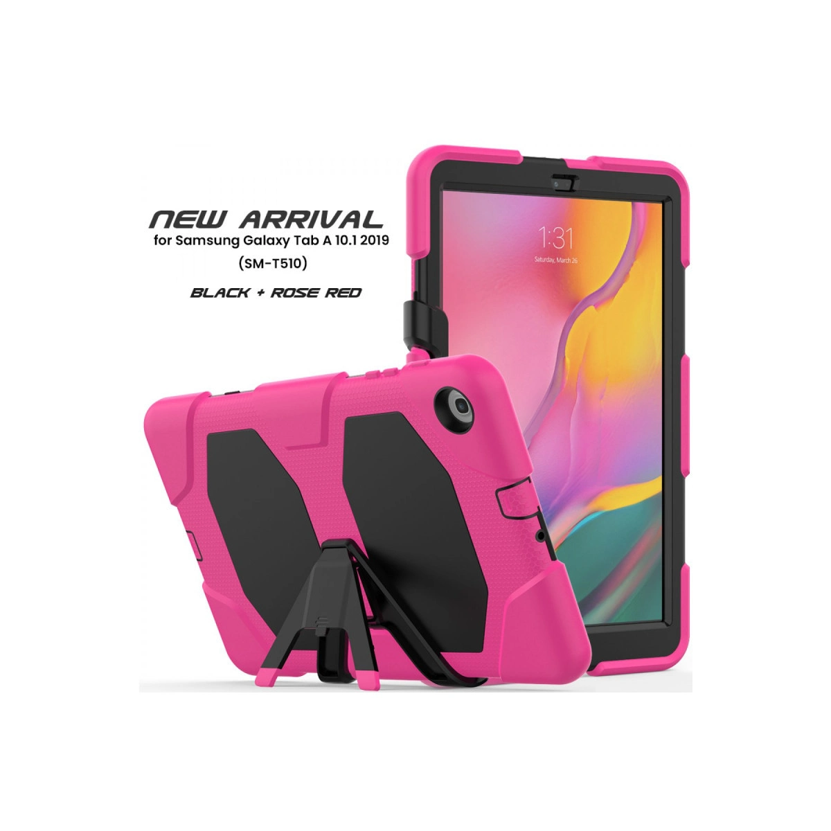 Standlı pembe ve siyah koruyucu tablet kılıfı, yan yana gösteriliyor.