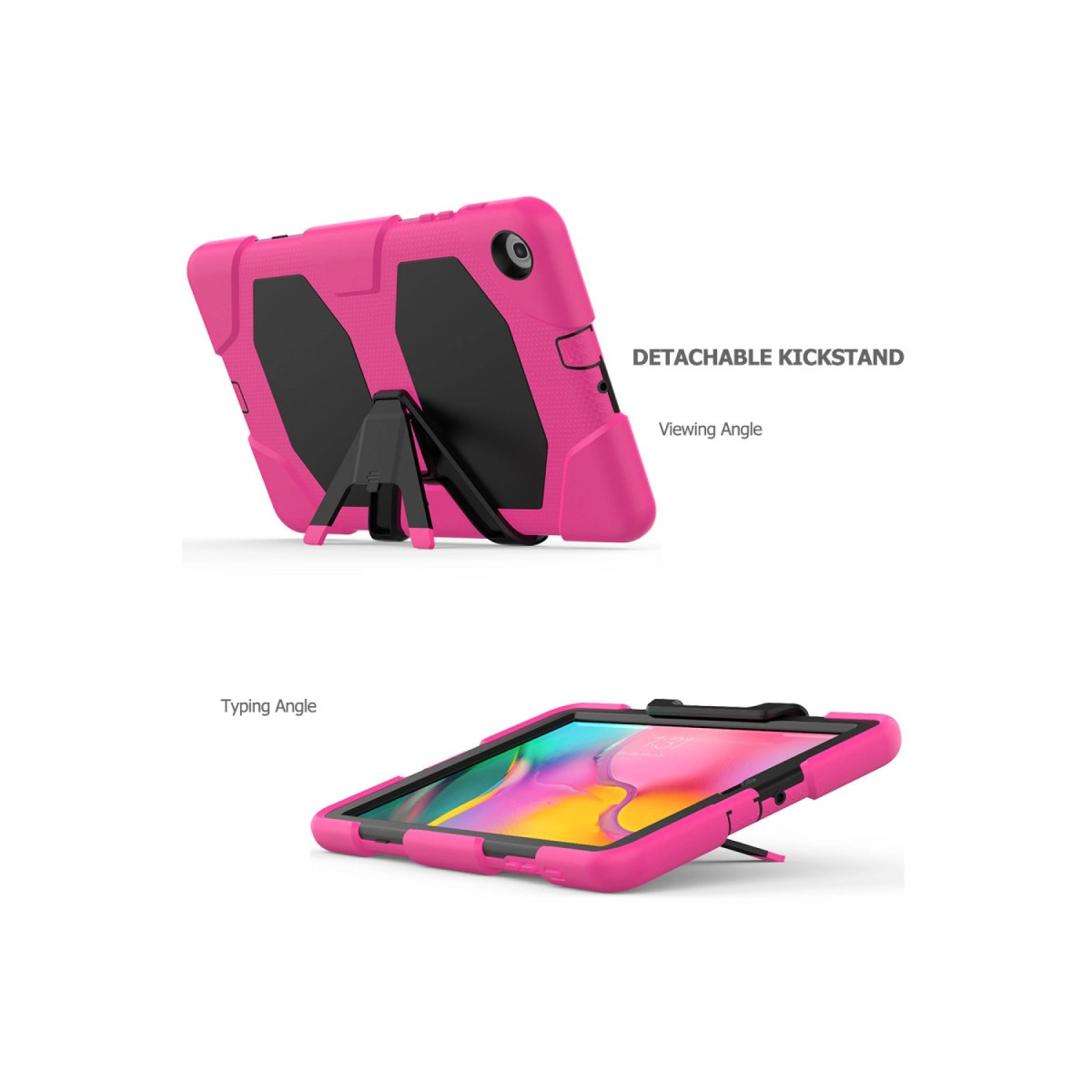 Çıkarılabilir standlı, pembe tablet kılıfı görüntüleme ve yazma açılarında.