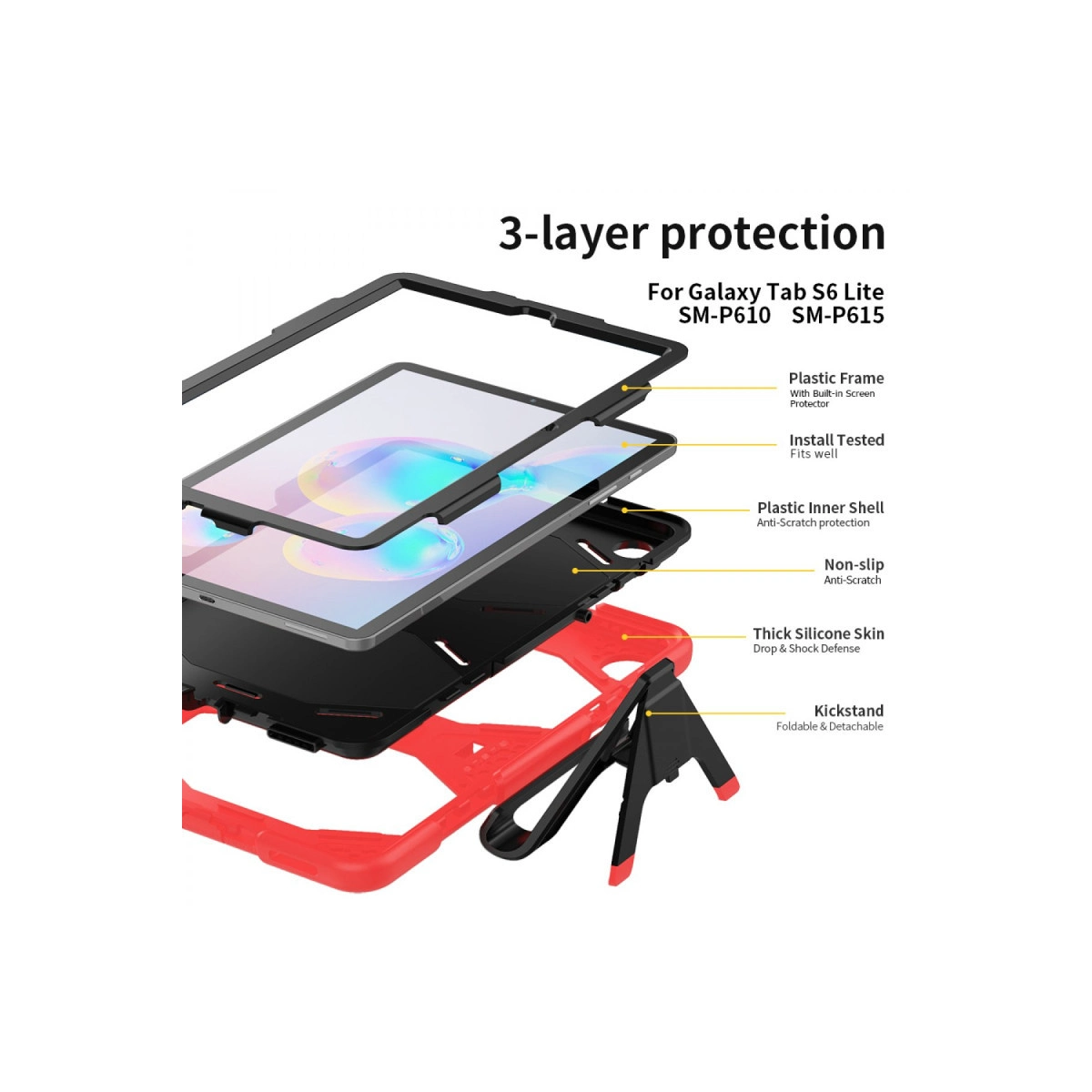 Siyah ve kırmızı 3 katmanlı tablet kılıfının patlatılmış görünümü, çerçeve, kabuk, silikon cilt ve destek ayağını gösteriyor.