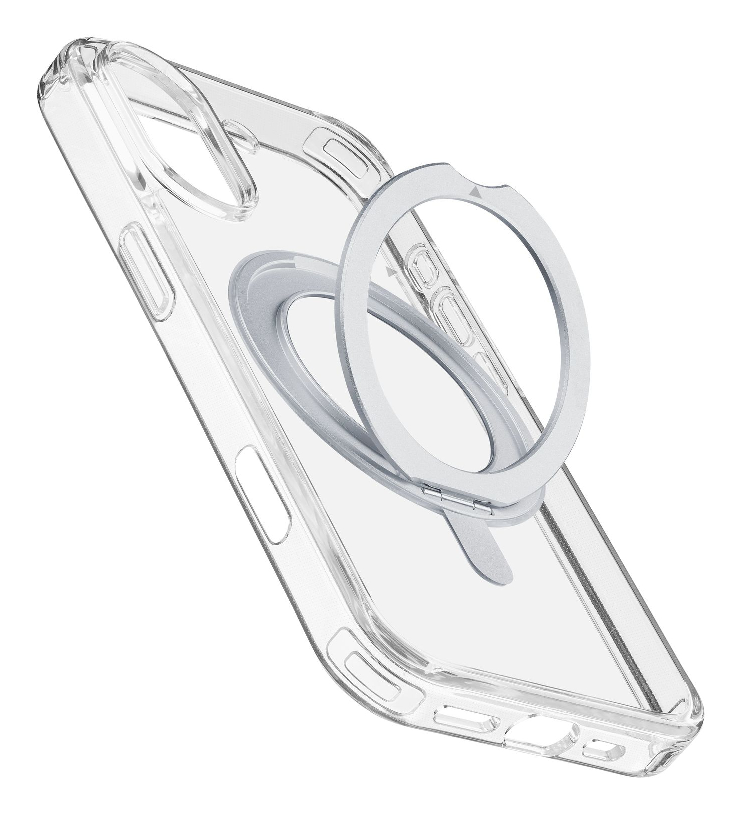 Coque de téléphone transparente avec support anneau argenté.