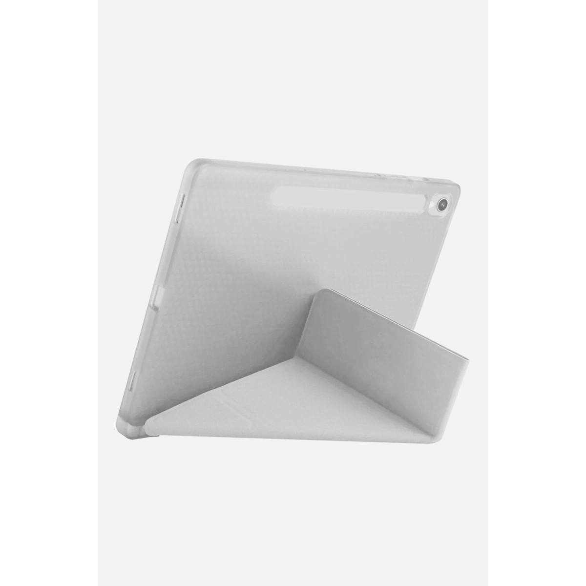 Kılıflı gri bir tablet stand üzerinde dik duruyor.