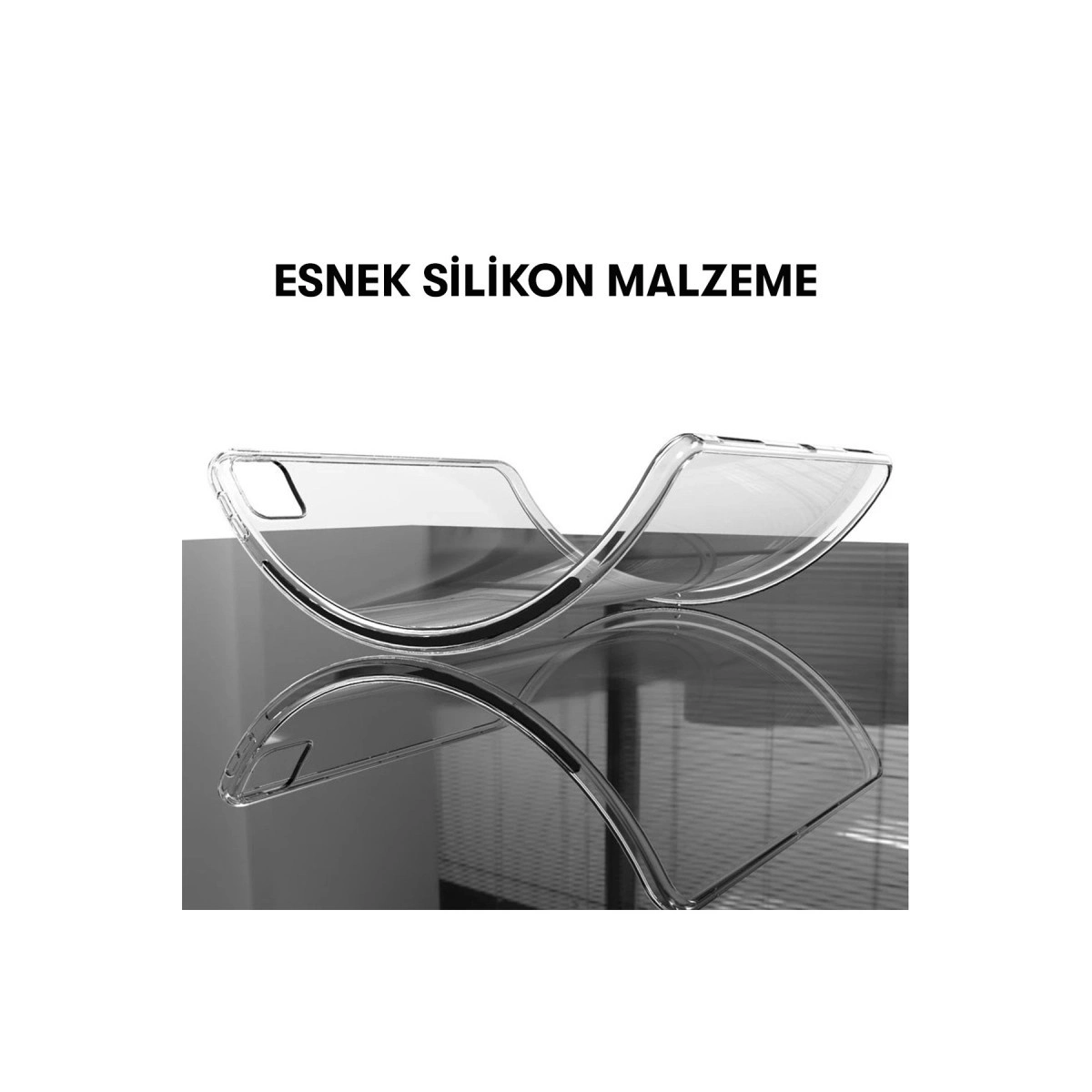 Şeffaf, esnek silikon telefon kılıfı pürüzsüz, yansıtıcı bir yüzeyde duruyor.