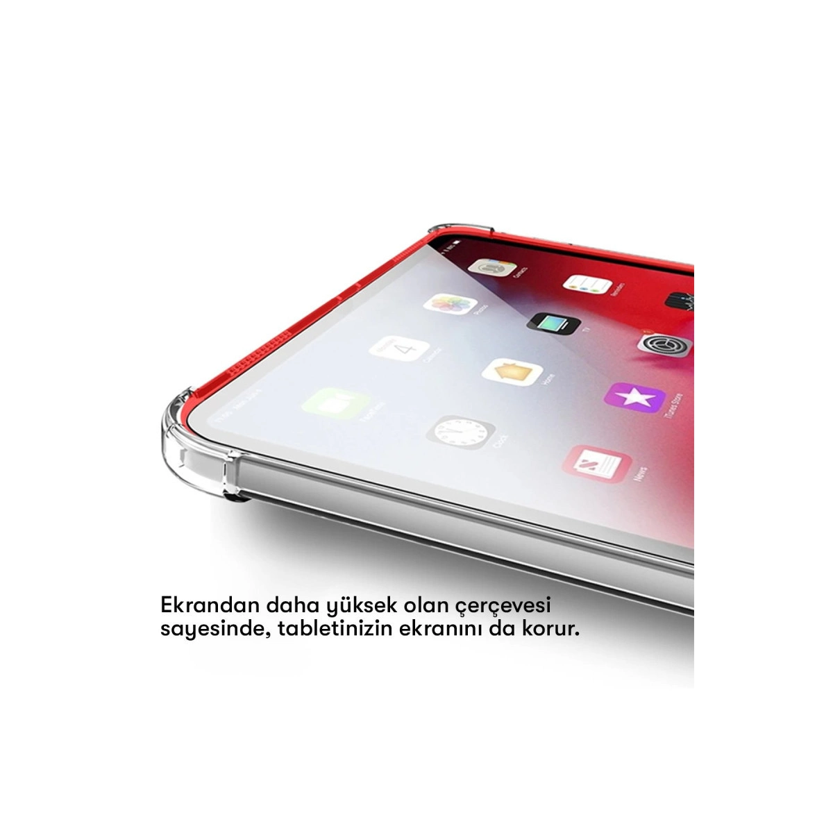 Kırmızı çerçeveli tablet ve ekrandaki uygulamalar, yakın çekim.