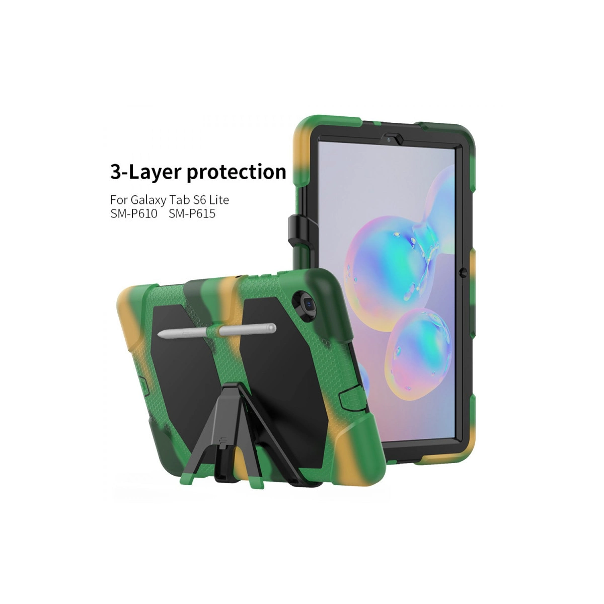 Standlı ve kalemli yeşil ve sarı tablet koruyucu kılıf.