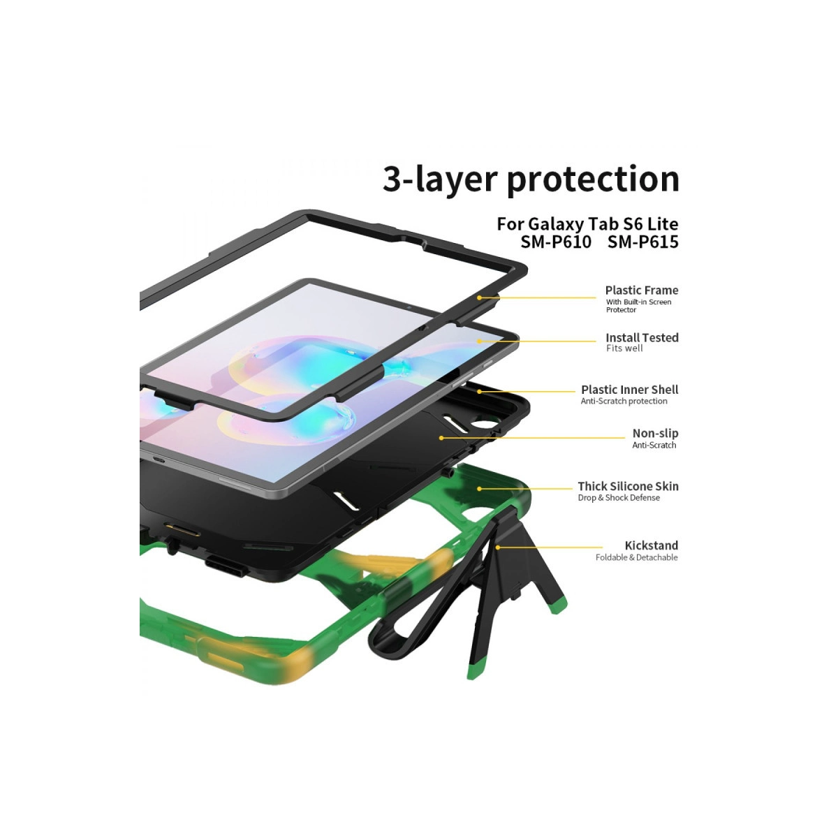 Ayaklıklı üç katmanlı tablet kılıfının patlatılmış görünümü.