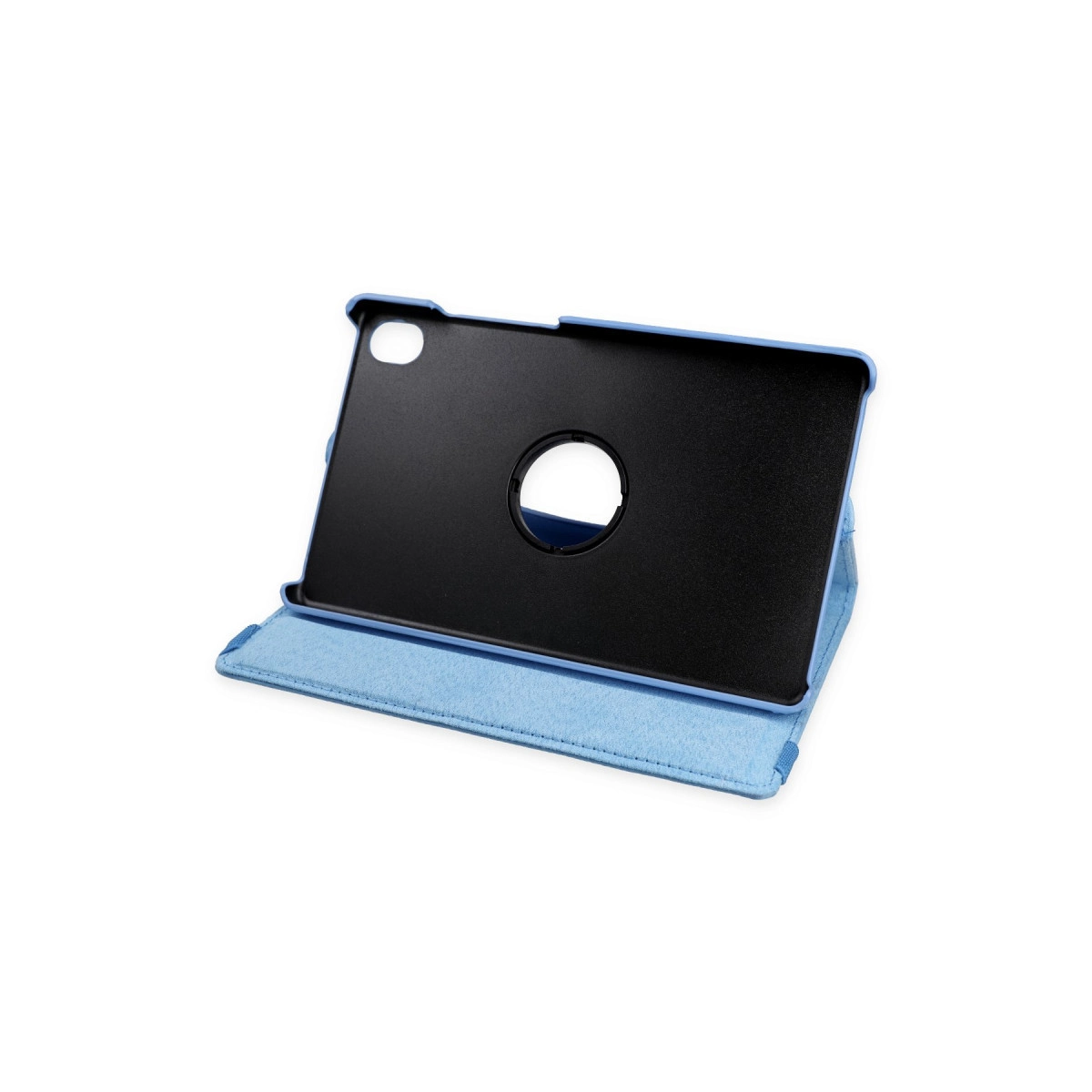 Siyah arkalı ve döner kesimli mavi tablet kılıfı.