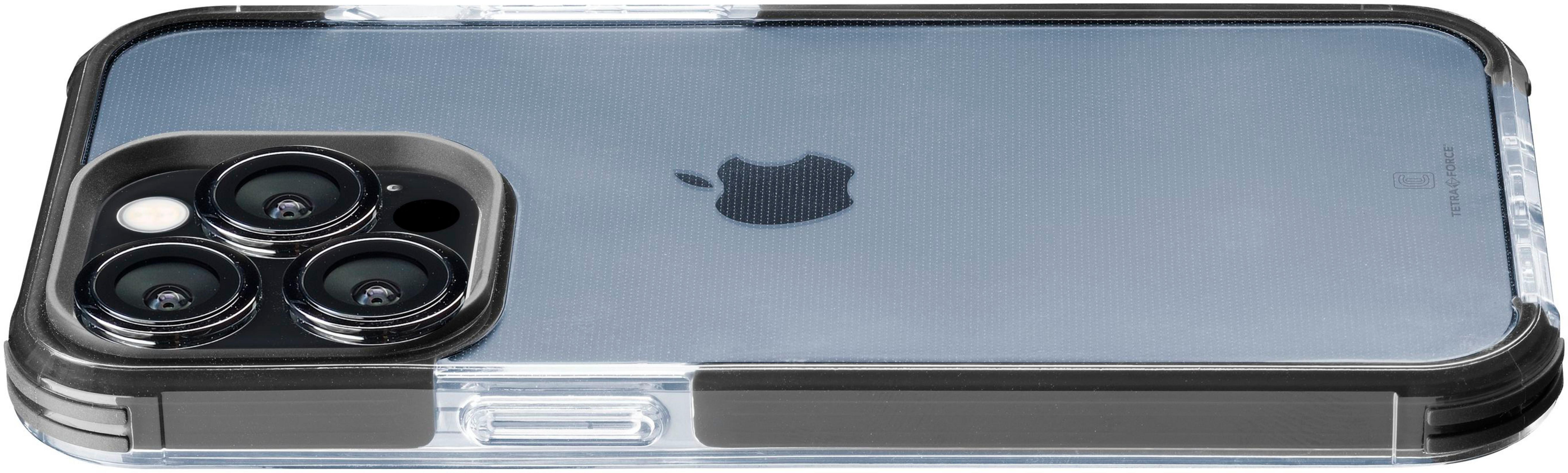 Custodia trasparente con bordo nero su un iPhone con tre fotocamere.