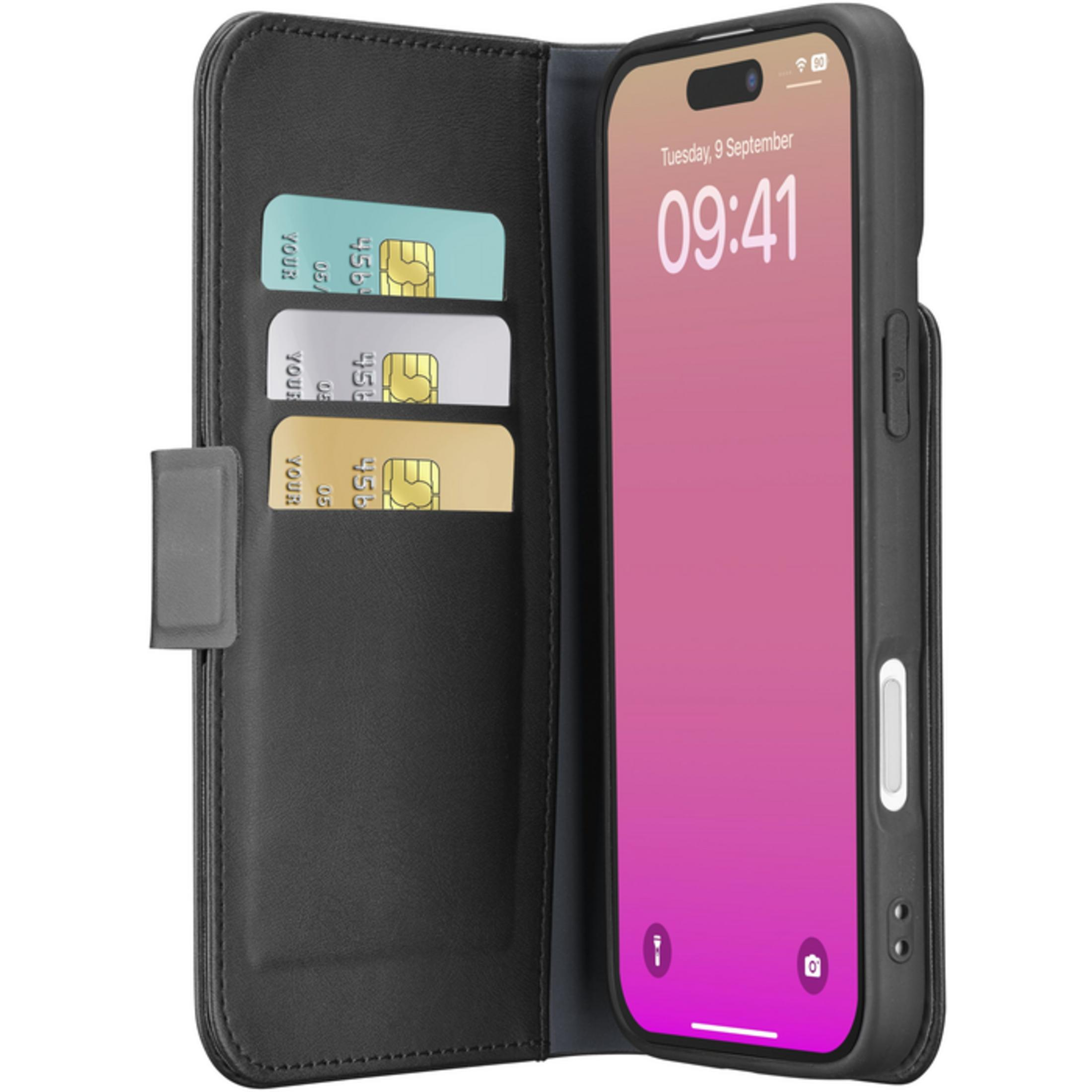Custodia nera per telefono con tre slot per carte e uno smartphone che mostra le 9:41.