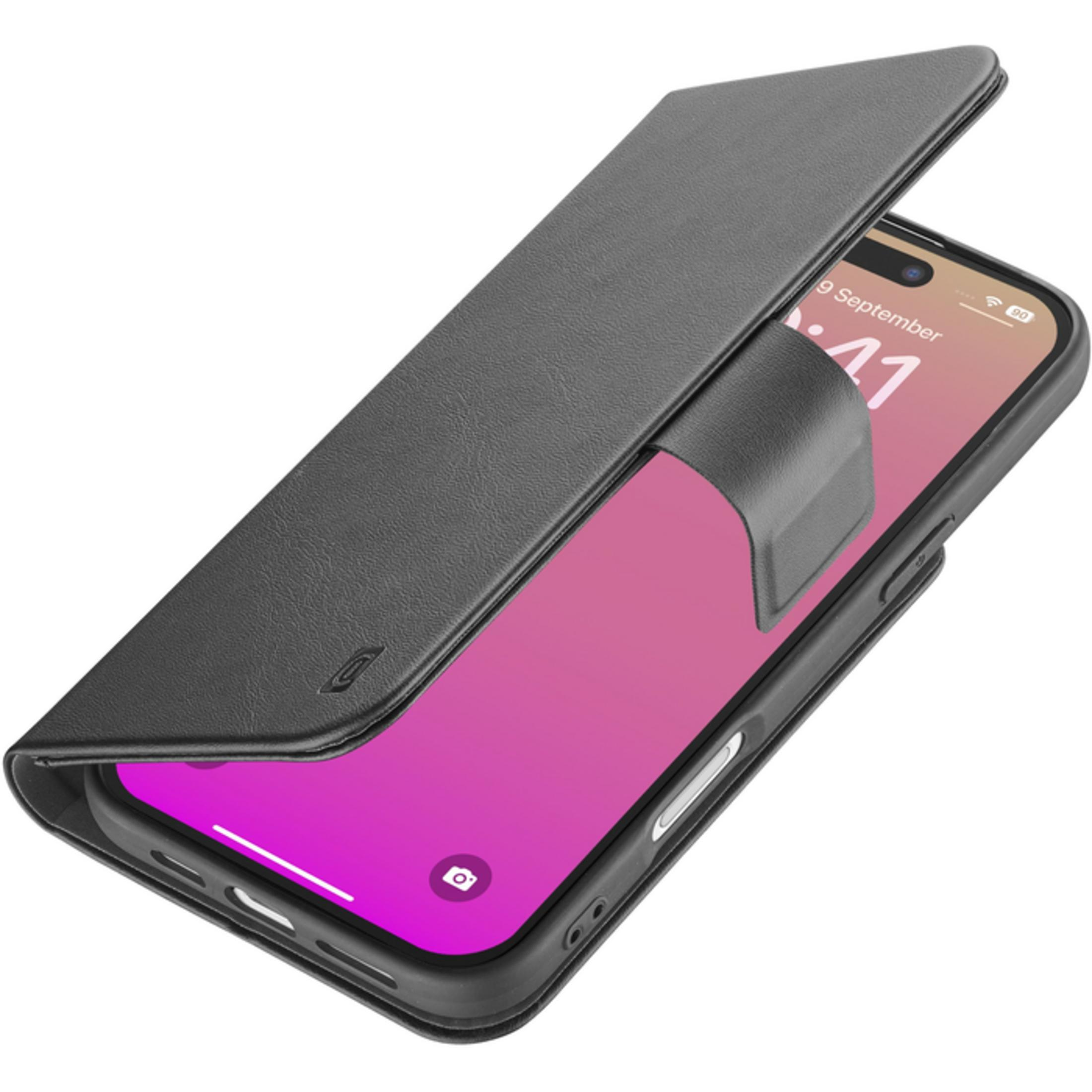 Uno smartphone nero con la cover aperta, che mostra lo schermo con ora e data.