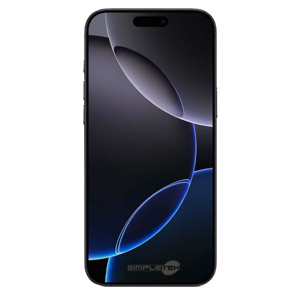 Smartphone nero con sfondo astratto blu e grigio.