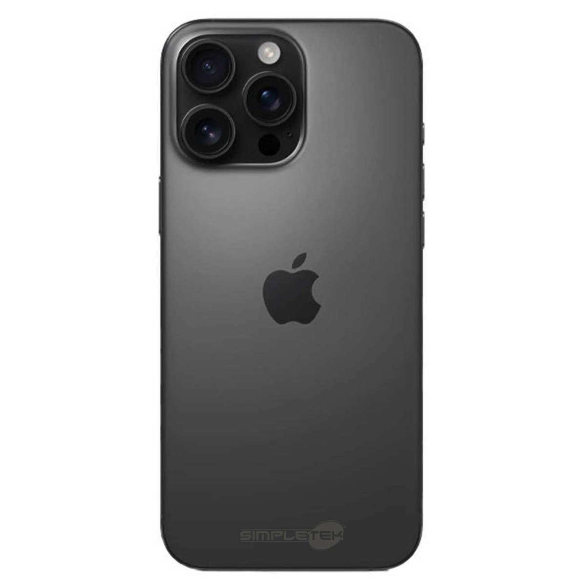 iPhone grigio scuro con tre fotocamere, logo Apple e testo SIMPLETEK.