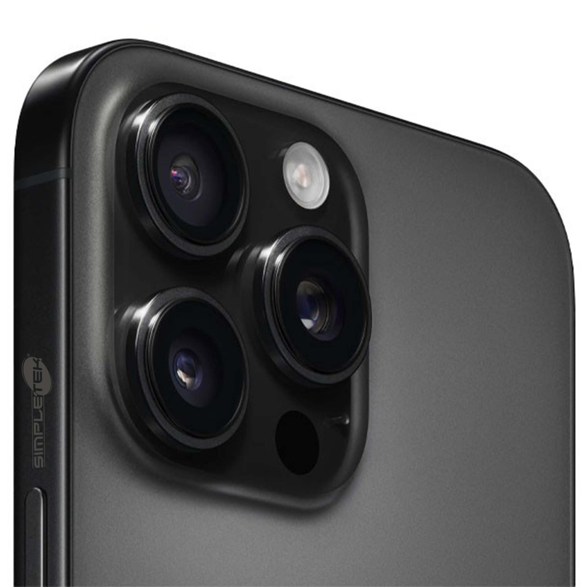Primo piano di un modulo fotocamera per smartphone grigio scuro con tre obiettivi e flash.