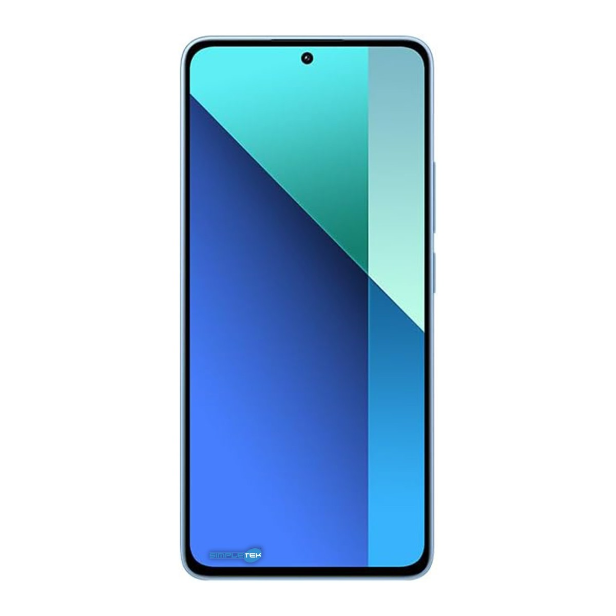 Uno smartphone azzurro con fotocamera a foro passante e sfondo blu e turchese.