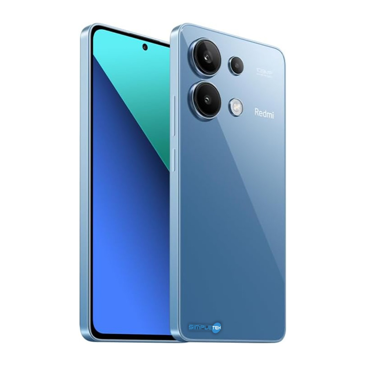 Uno smartphone blu con tre fotocamere posteriori e schermo blu.