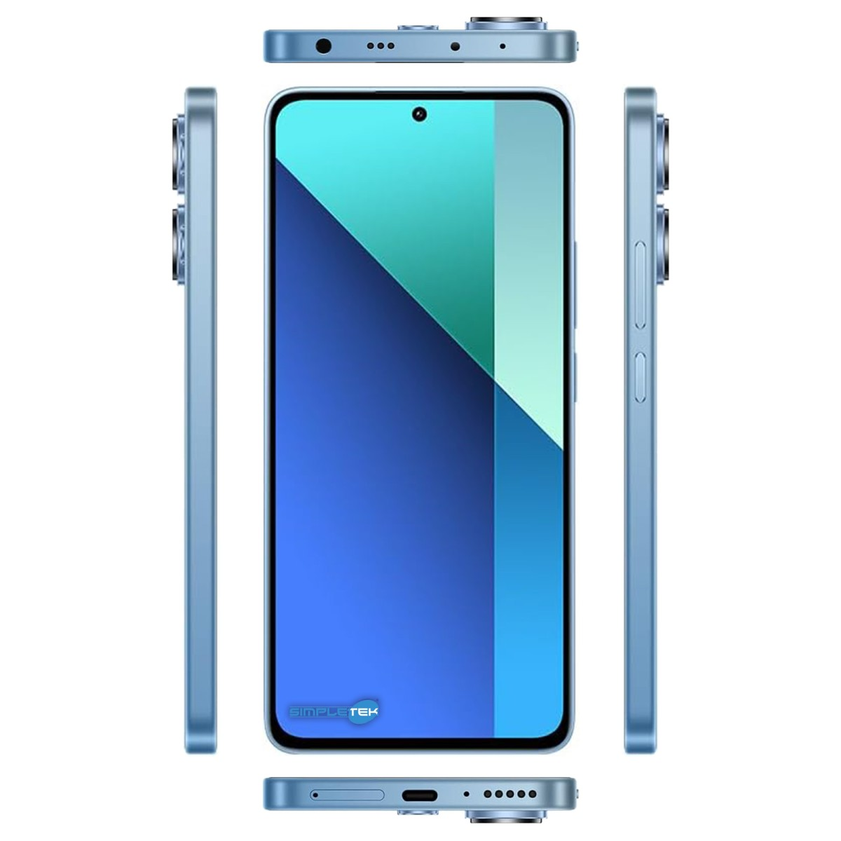 Smartphone blu mostrato frontalmente, lateralmente, dall'alto/basso. Schermo con motivo.