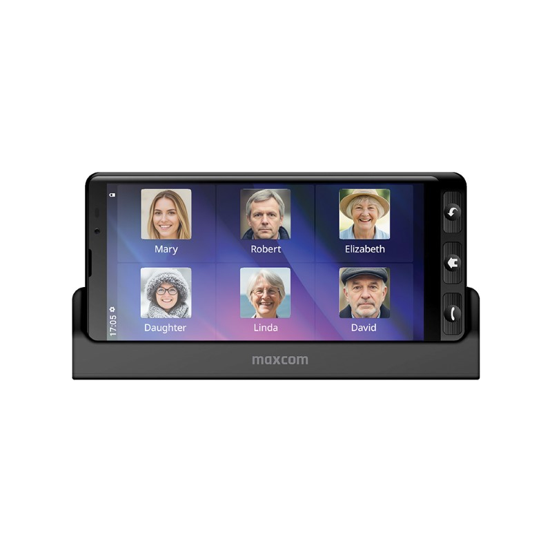 Telefono Maxcom che mostra i contatti: Mary, Robert, Elizabeth, Daughter, Linda, David.