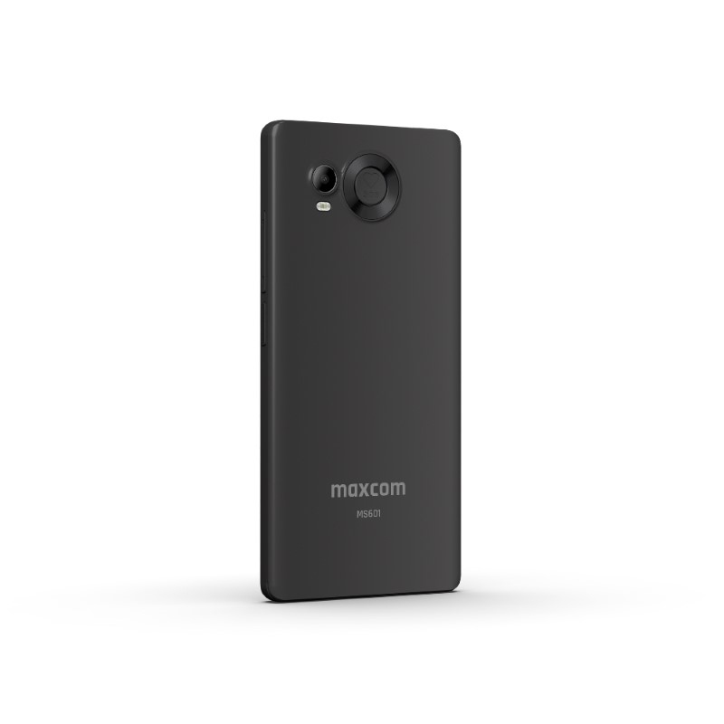 Retro di uno smartphone Maxcom MS601 nero con fotocamera e flash.