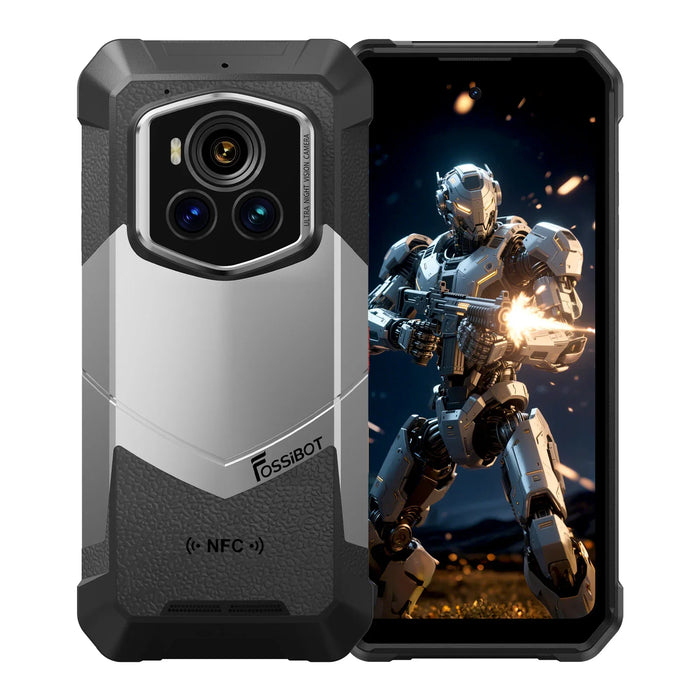 Telefono robusto con tripla fotocamera. Lo schermo mostra un robot con un'arma.
