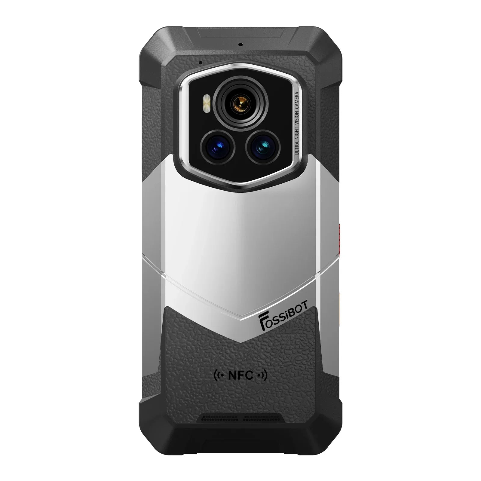 Retro di uno smartphone robusto con tripla fotocamera, logo NFC e nome del marchio.