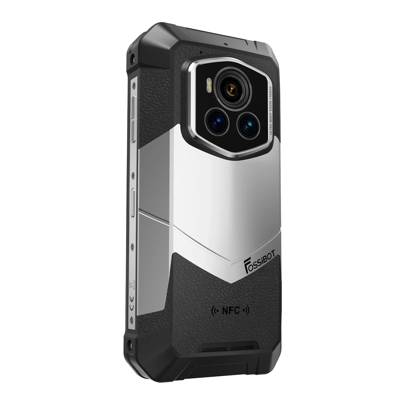 Smartphone robusto nero e argento con tripla fotocamera, NFC e logo FOSSIBOT.