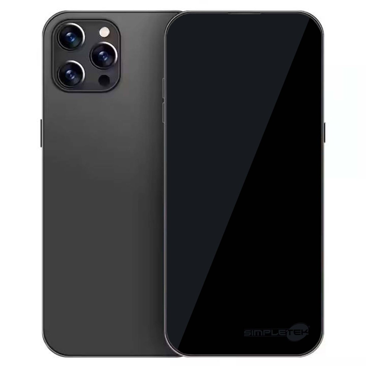 Uno smartphone nero con tre fotocamere posteriori, accanto a un secondo schermo nero.