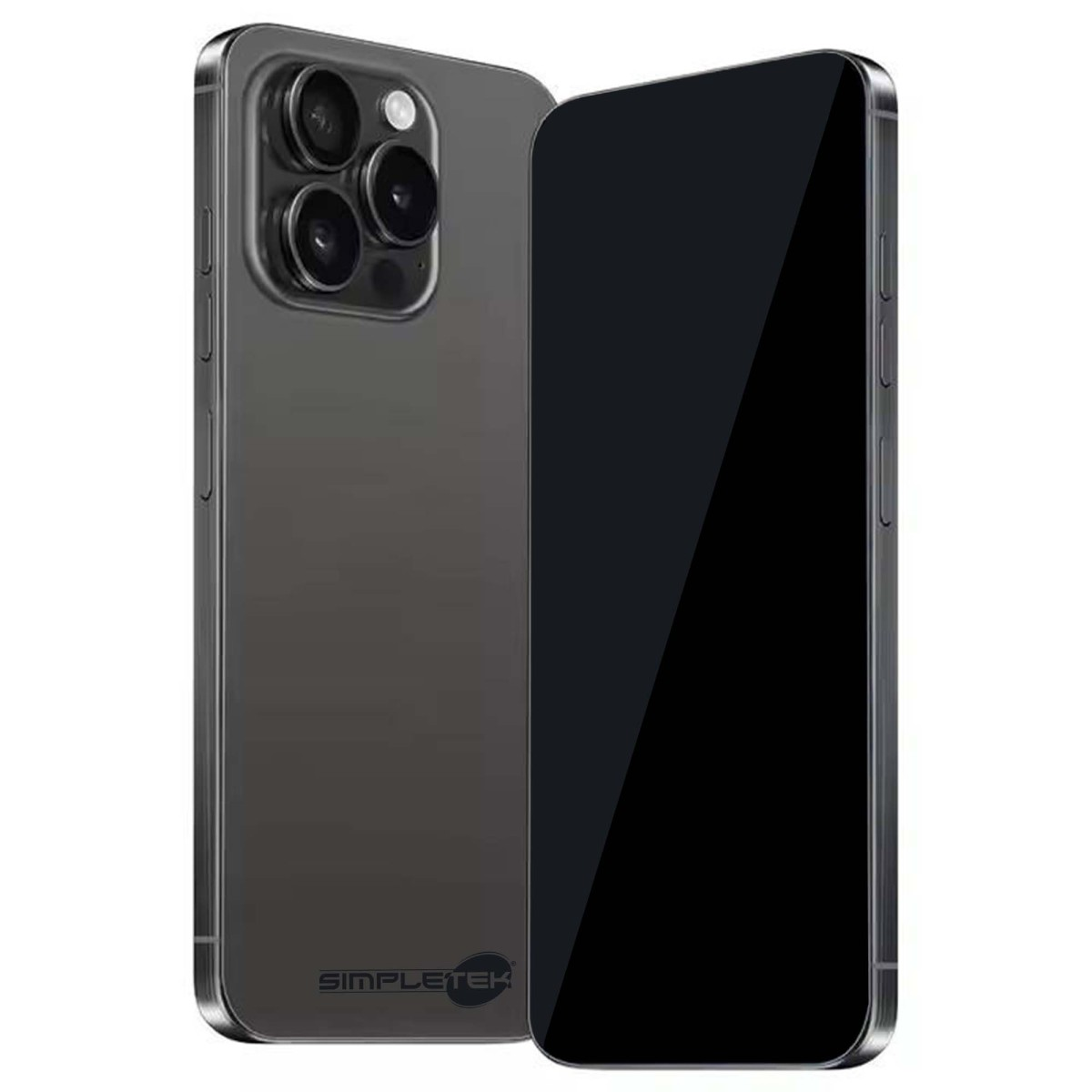 Smartphone grigio scuro con tre obiettivi posteriori e schermo nero.