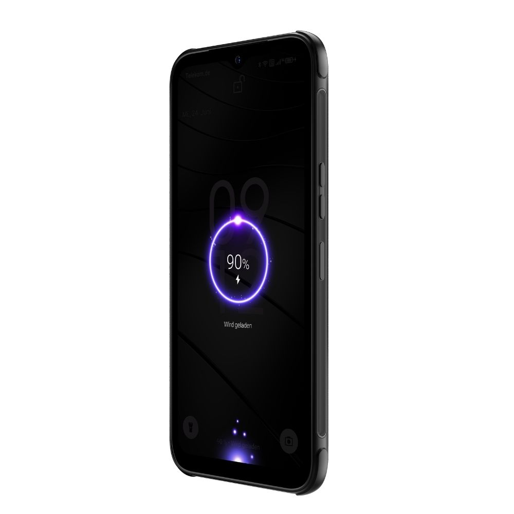 Schwarzes Smartphone mit 90% Akkuladung und Ladeanzeige.