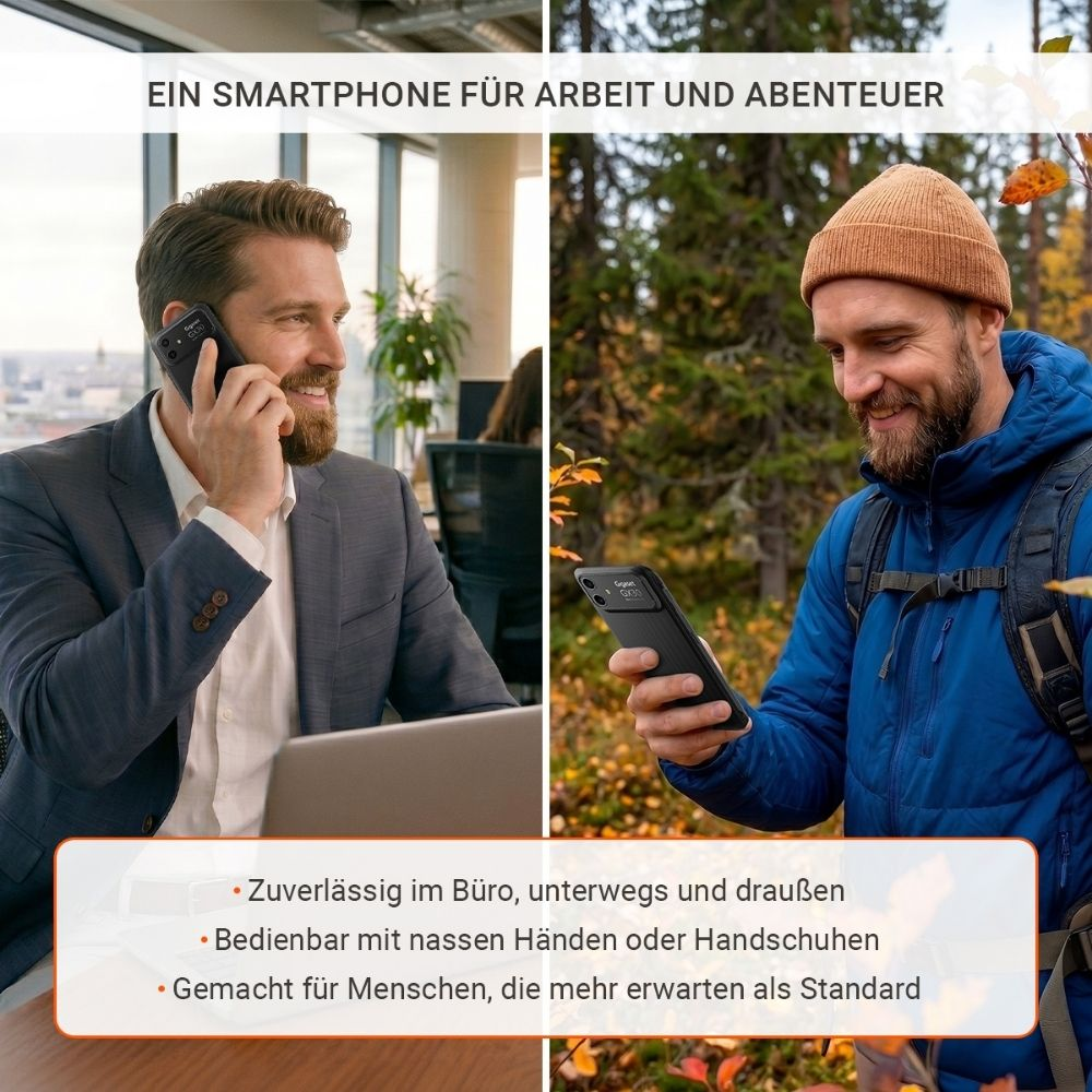 Mann telefoniert im Büro und hält ein Handy in der Natur.