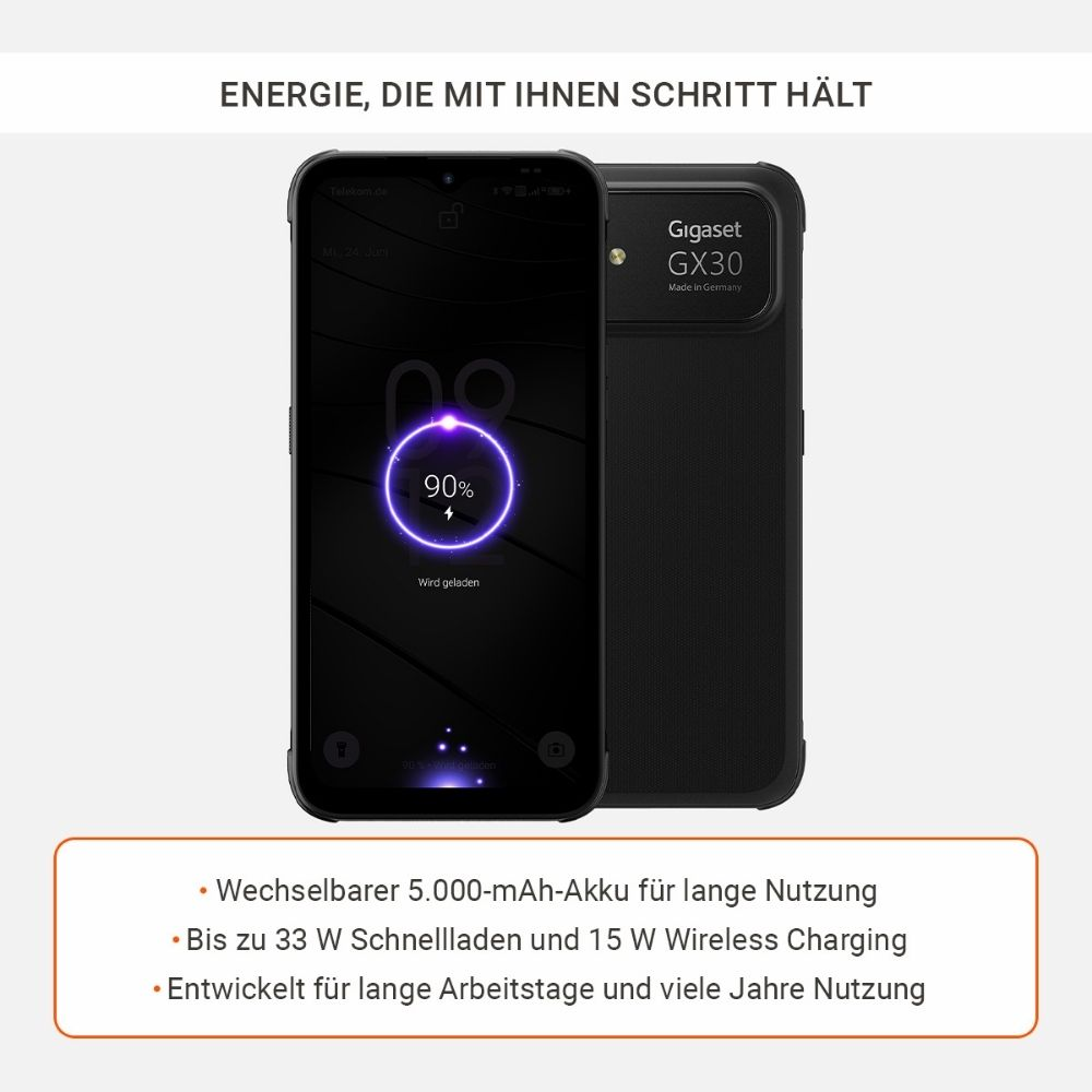 Gigaset GX30 Handy wird mit 90% geladen. Text über Akku und Laden.
