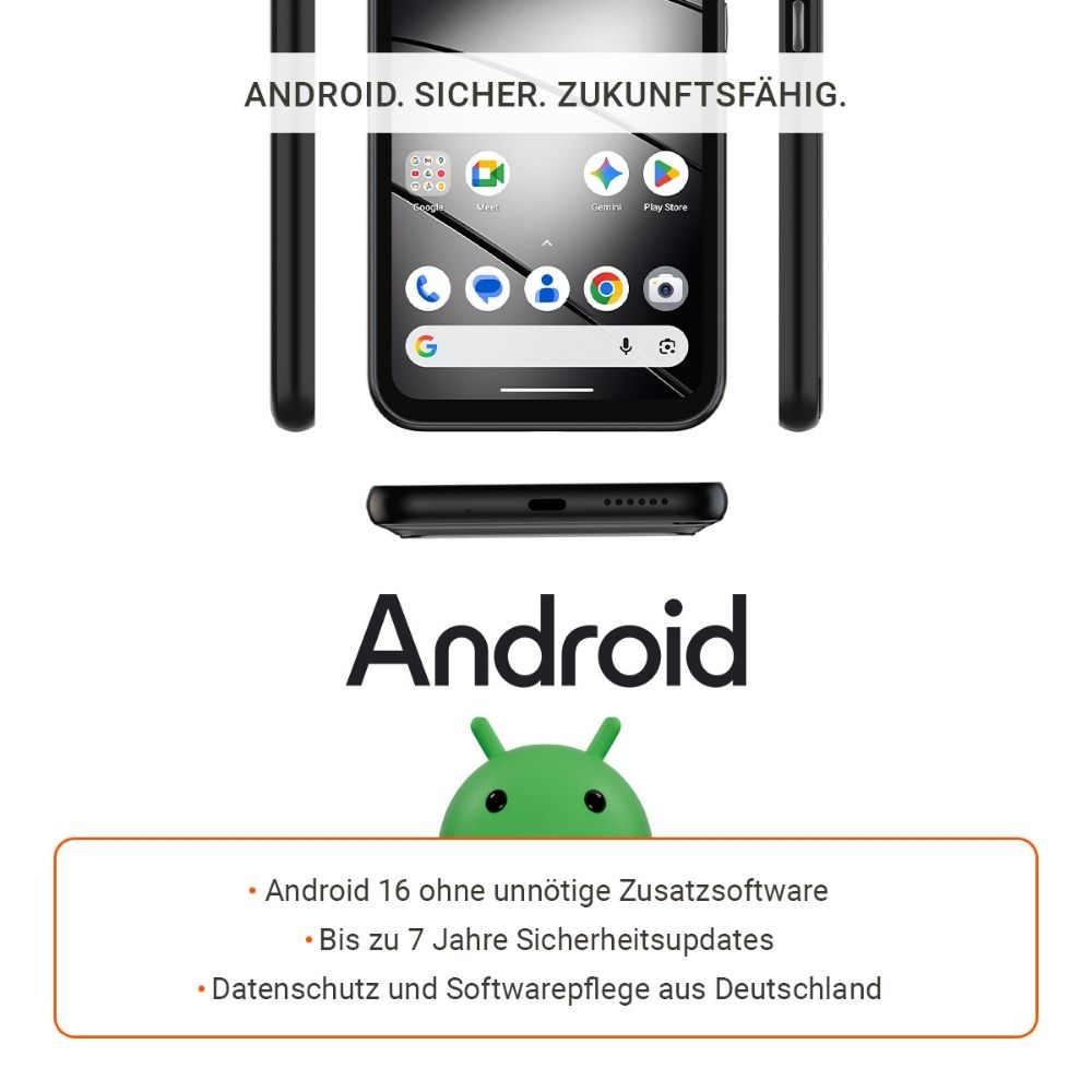 Ein Smartphone mit Android 16 wird beworben. Es bietet 7 Jahre Updates.