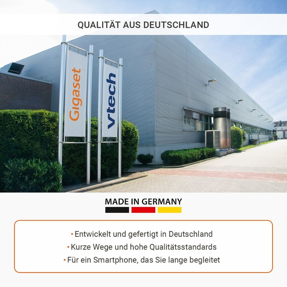 Gebäude mit Schildern für Gigaset und Vtech. Qualitätsaus Deutschland.