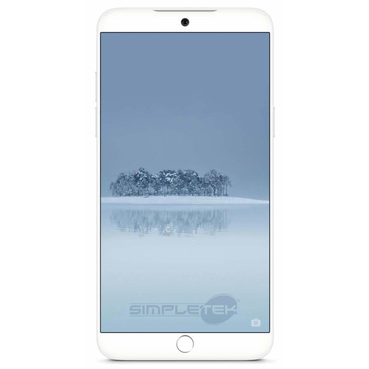 Uno smartphone bianco mostra una foresta di isole innevate su un lago calmo.
