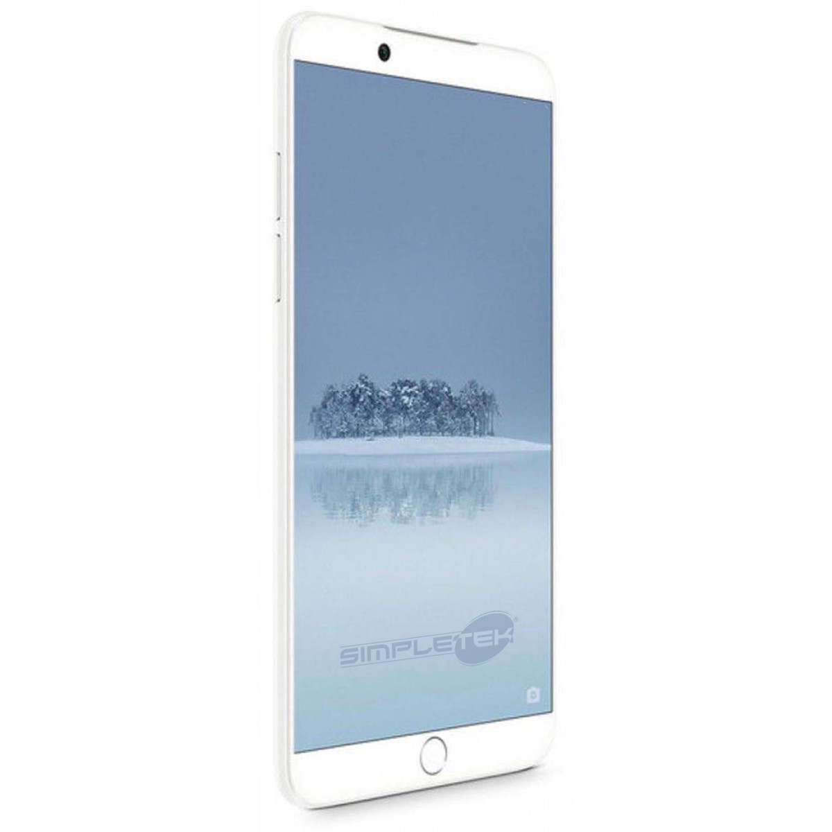 Uno smartphone bianco con uno schermo paesaggio invernale.