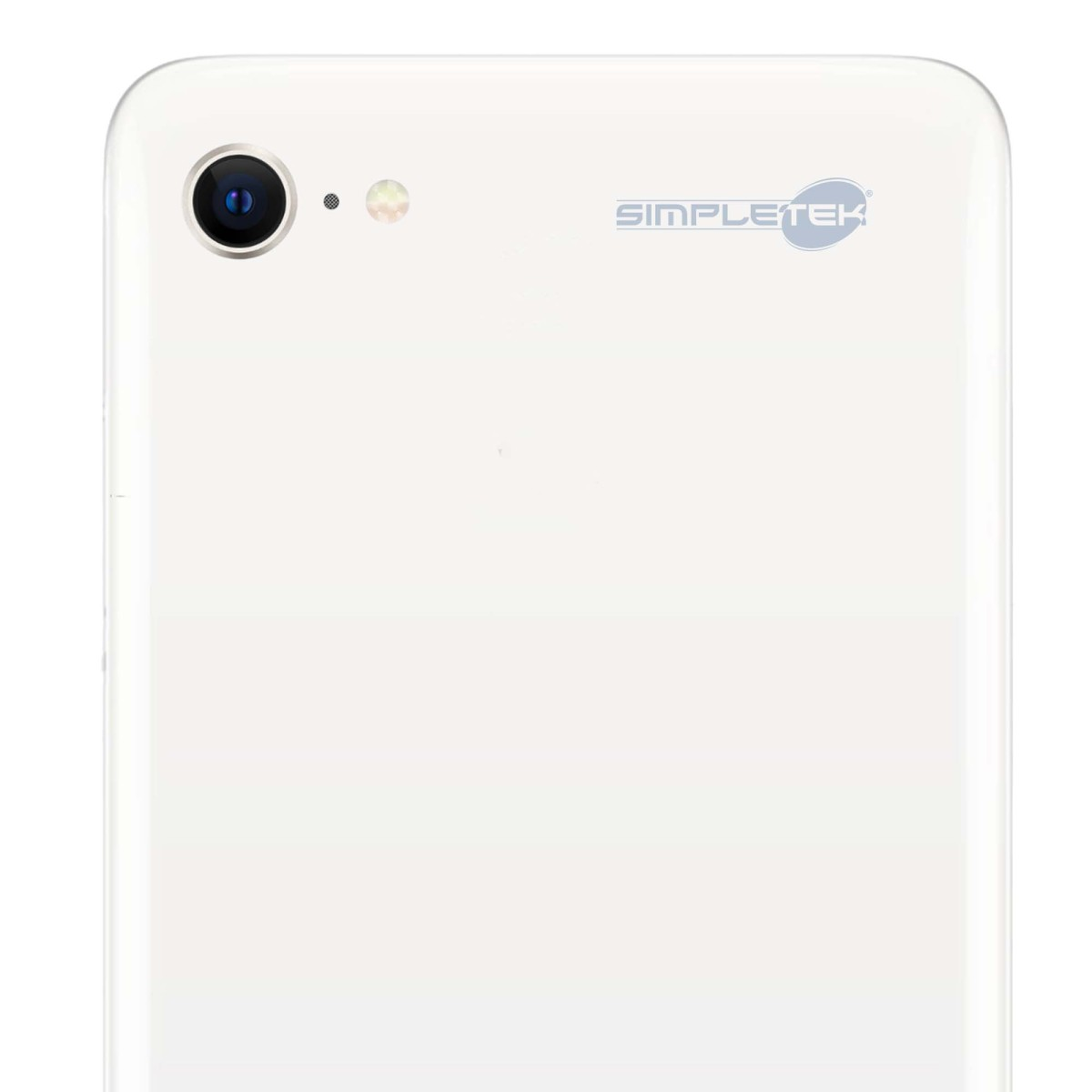 Retro smartphone bianco con obiettivo, flash e logo marca.