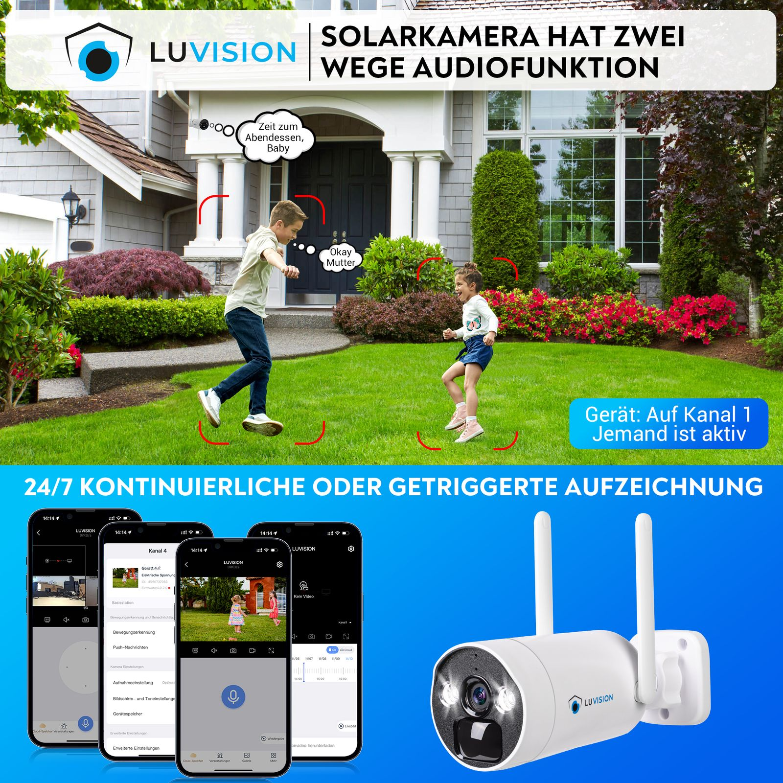 Kinder im Garten vor einem Haus, Luvision-Kamera und App-Screenshots.