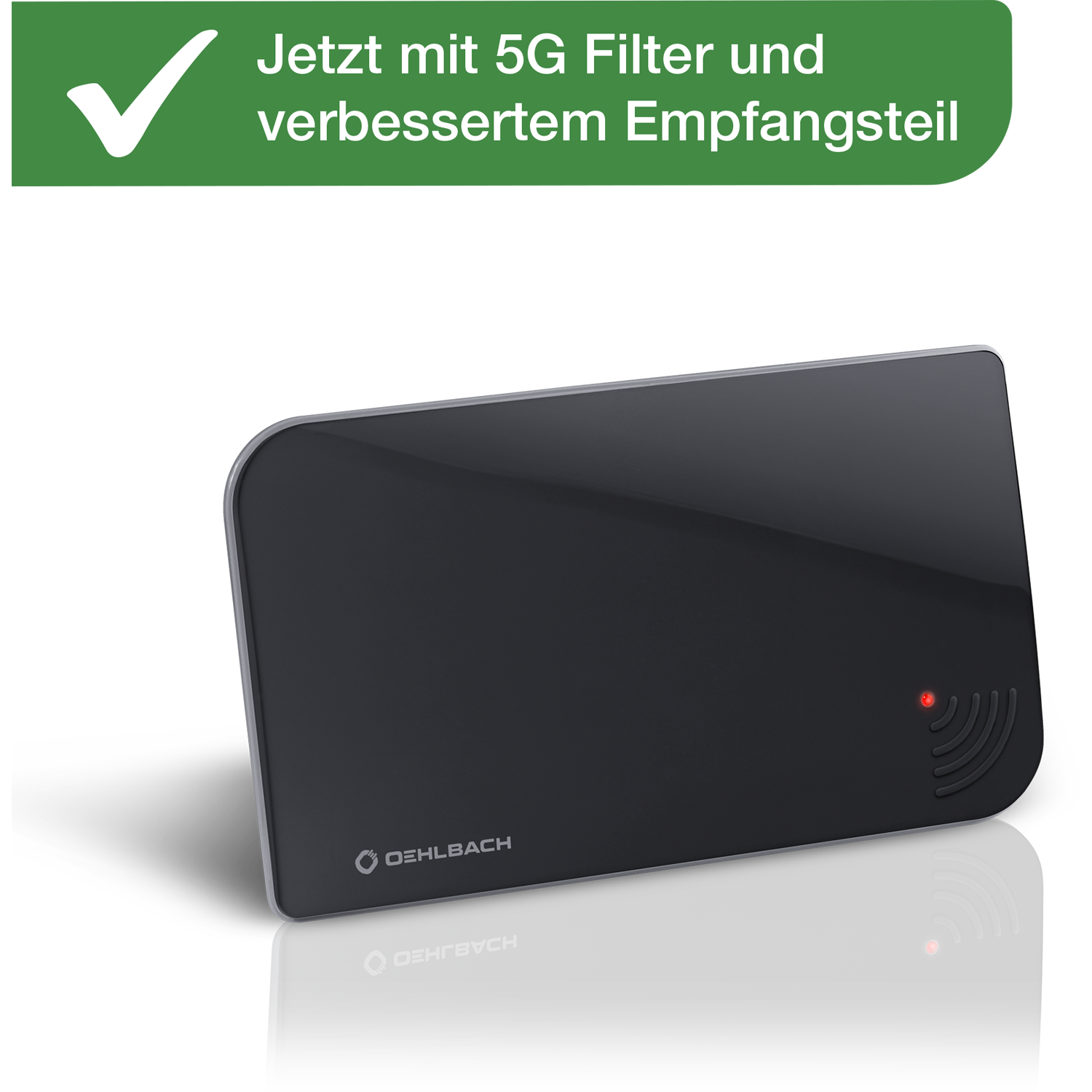 Schwarzes Gerät mit rotem Lämpchen und 5G-Filter-Hinweis.