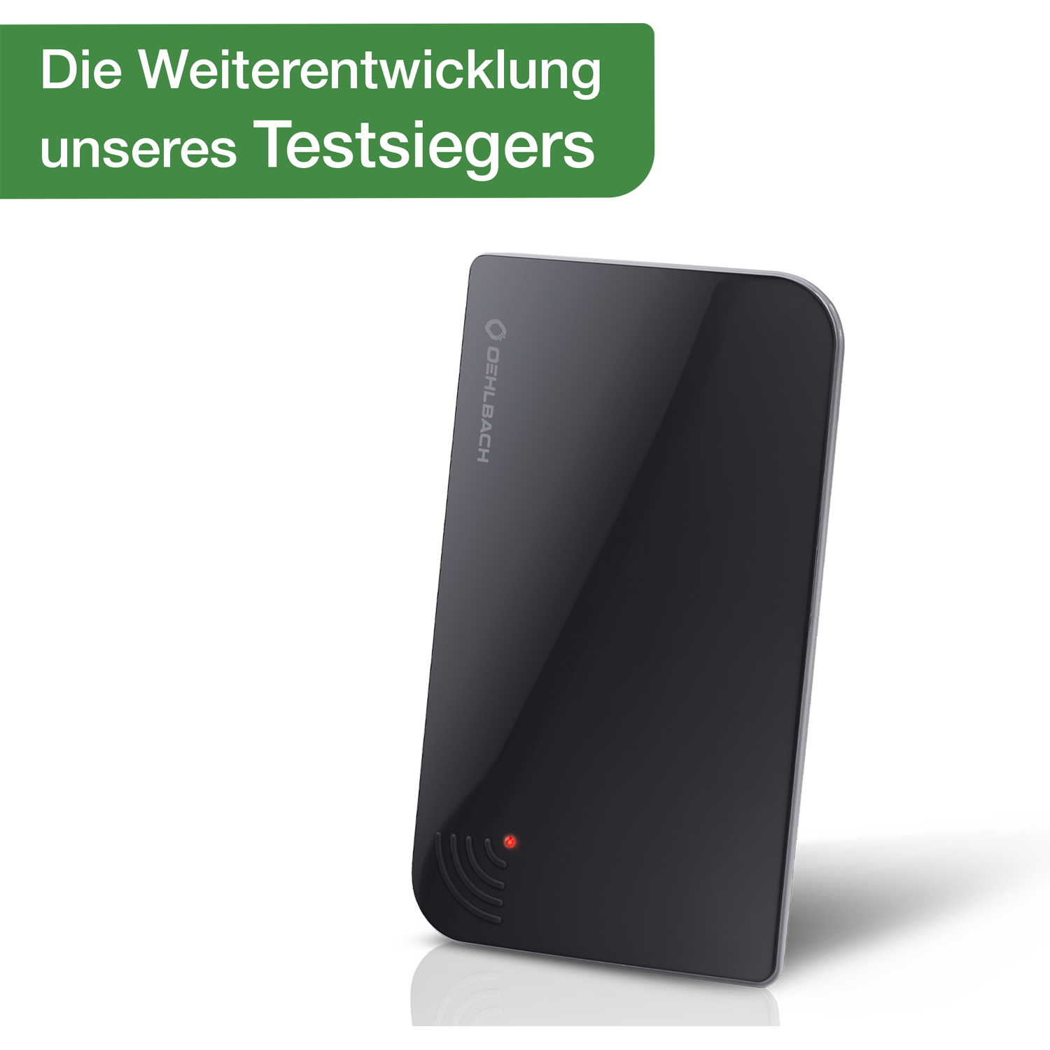 Schwarzes Gerät mit rotem Licht und Wellenlinien. Text: Die Weiterentwicklung unseres Testsiegers.