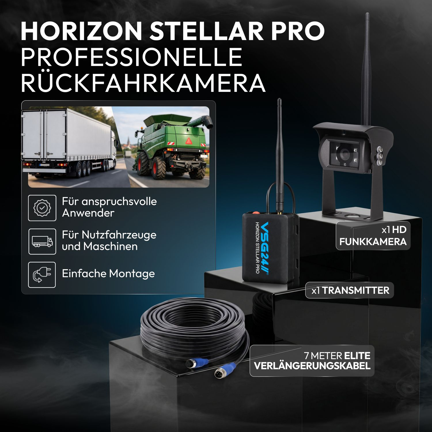 Horizon Stellar Pro Rückfahrkamera mit Sender, Kabel und LKW/Erntemaschine.