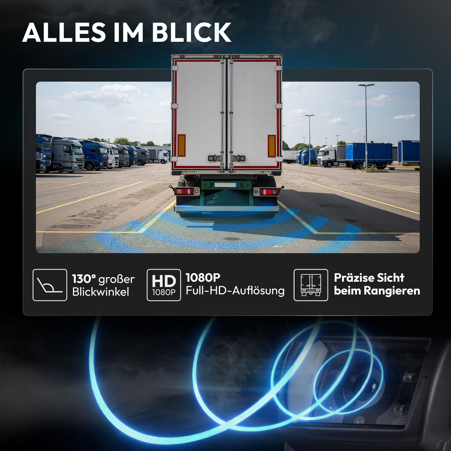 LKW-Rückfahrkamera-Ansicht mit Parkmarkierungen, HD 1080p.