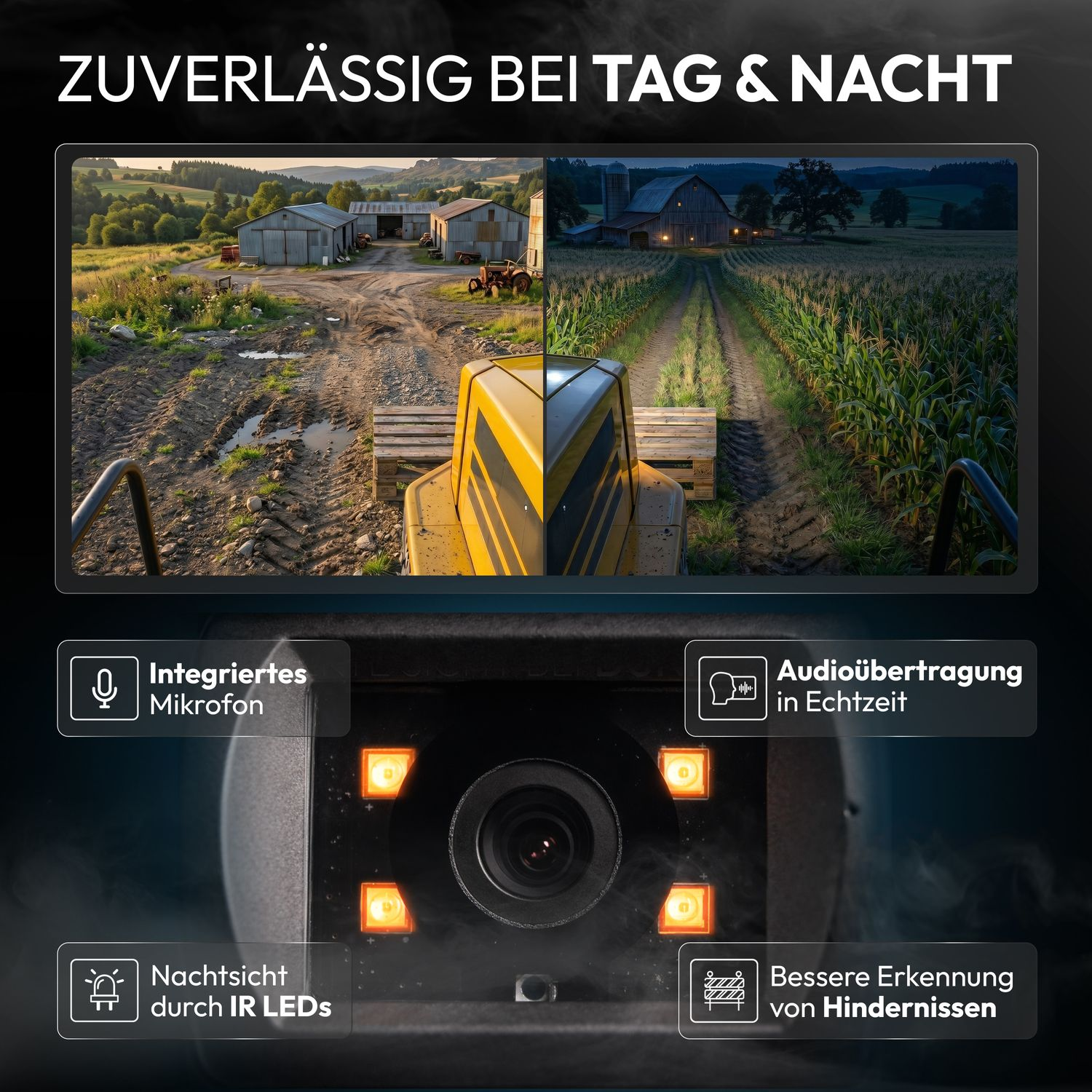 Geländefahrzeug vor Höfen bei Tag und Nacht, mit Nahaufnahme einer Kamera.
