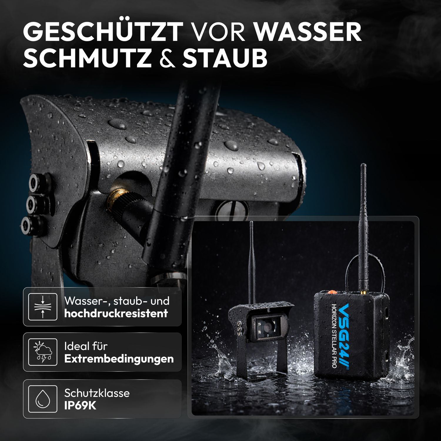 Wasserdichte Kamera und Sender unter Wasser mit Text.