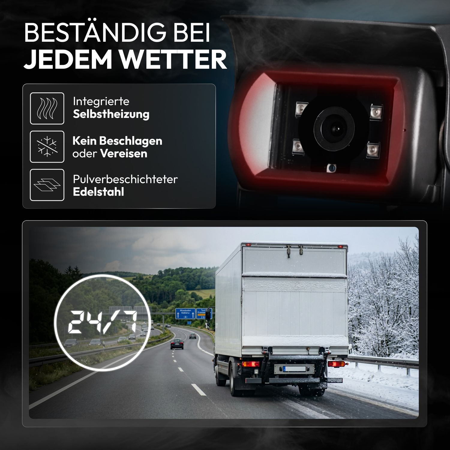 LKW-Kamera-Funktionen: Selbstheizung, kein Beschlagen, Edelstahl. 24/7 Betrieb auf verschneiter Autobahn.