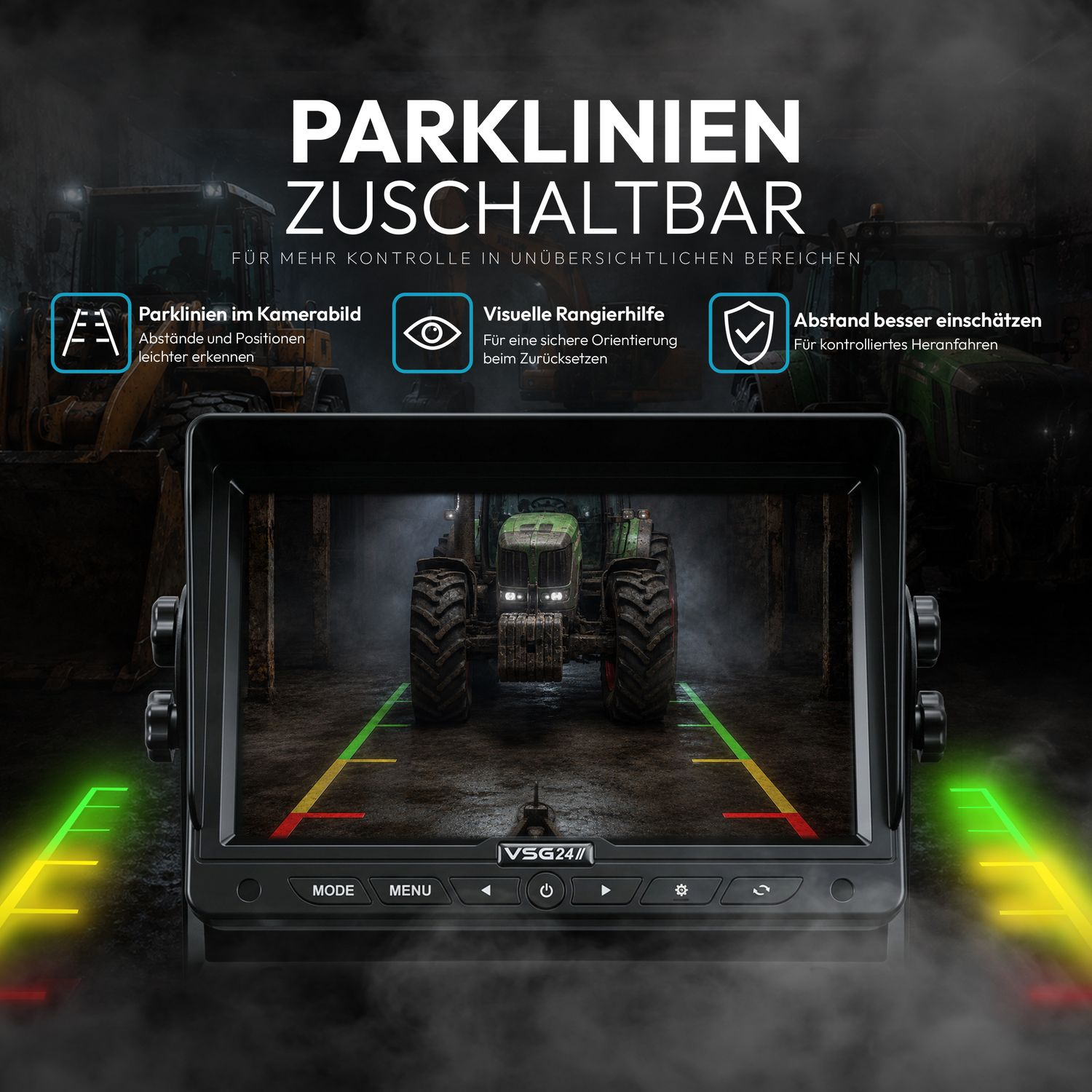 Bildschirm zeigt Traktor auf Feldweg mit Parklinien und Text zur Parkhilfe.