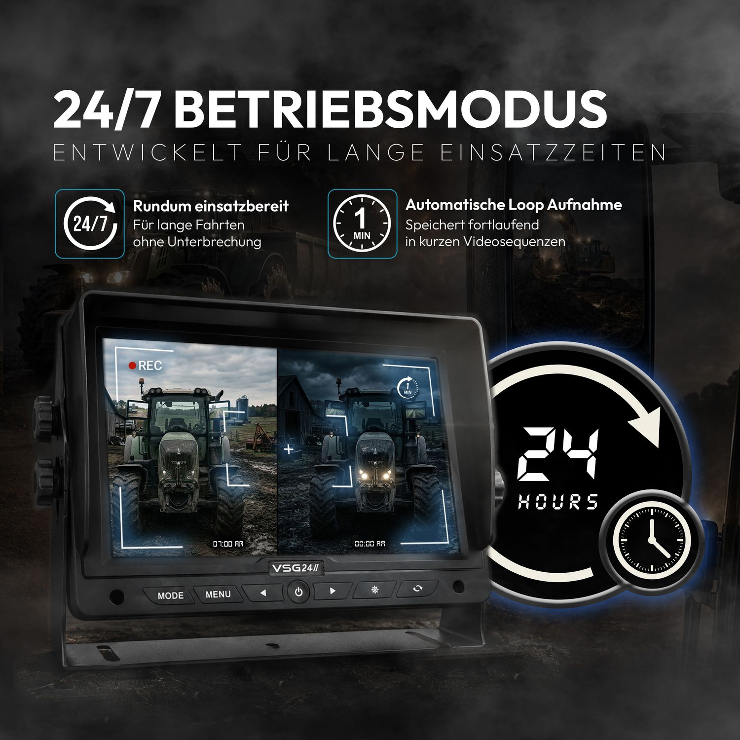 Ein Monitor zeigt zwei Traktoren. daneben Icons für 24/7 Betrieb und Loop-Aufnahme.