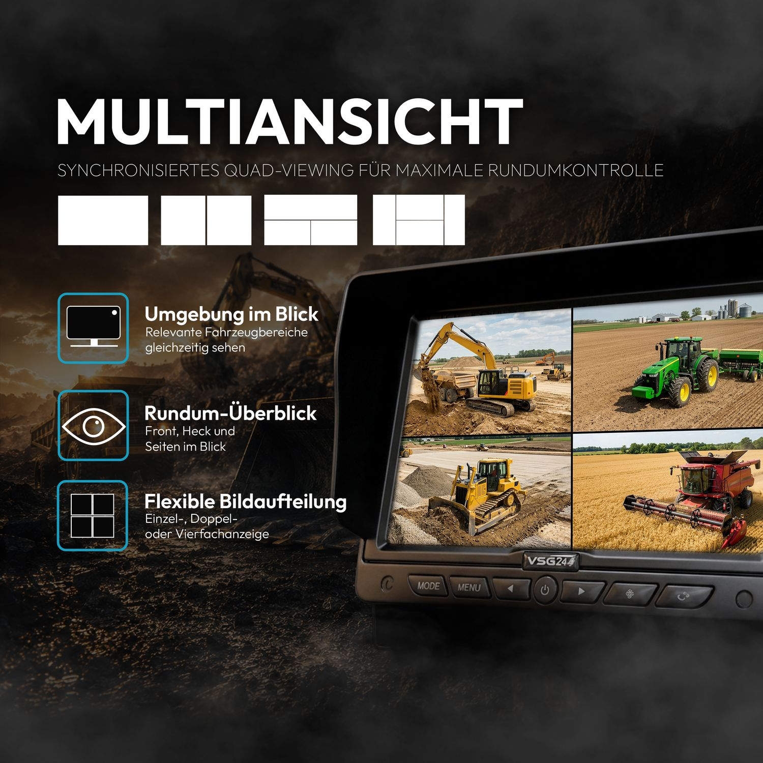 Ein Monitor zeigt vier Maschinen: Bagger, Traktor, Bulldozer und Mähdrescher.